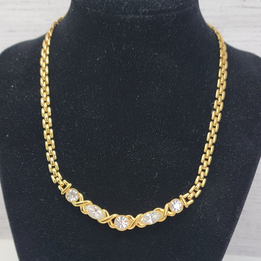 Trifari Gold-tone Link and Clear Rhinestones Statement Necklace